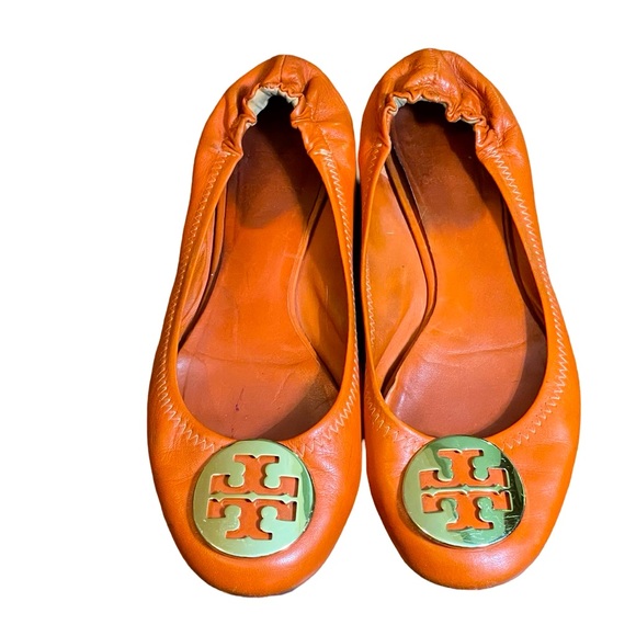 Tory Burch Shoes - Tory Burch Reva Flats orange leather gold metal logo ballet shoe slip on size 8